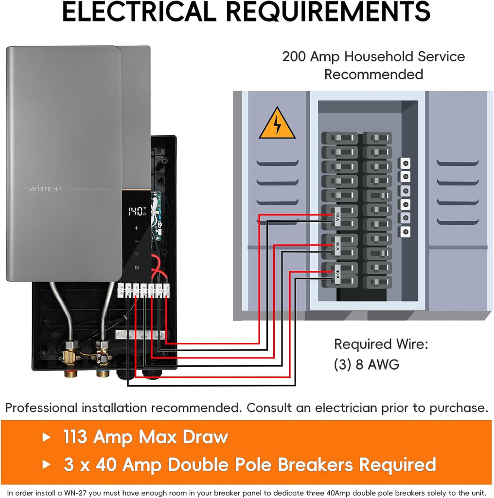 Tankless Water Heater Electric 27kW 240V, Whole House Instant Hot Water, Up to 6.3 GPM