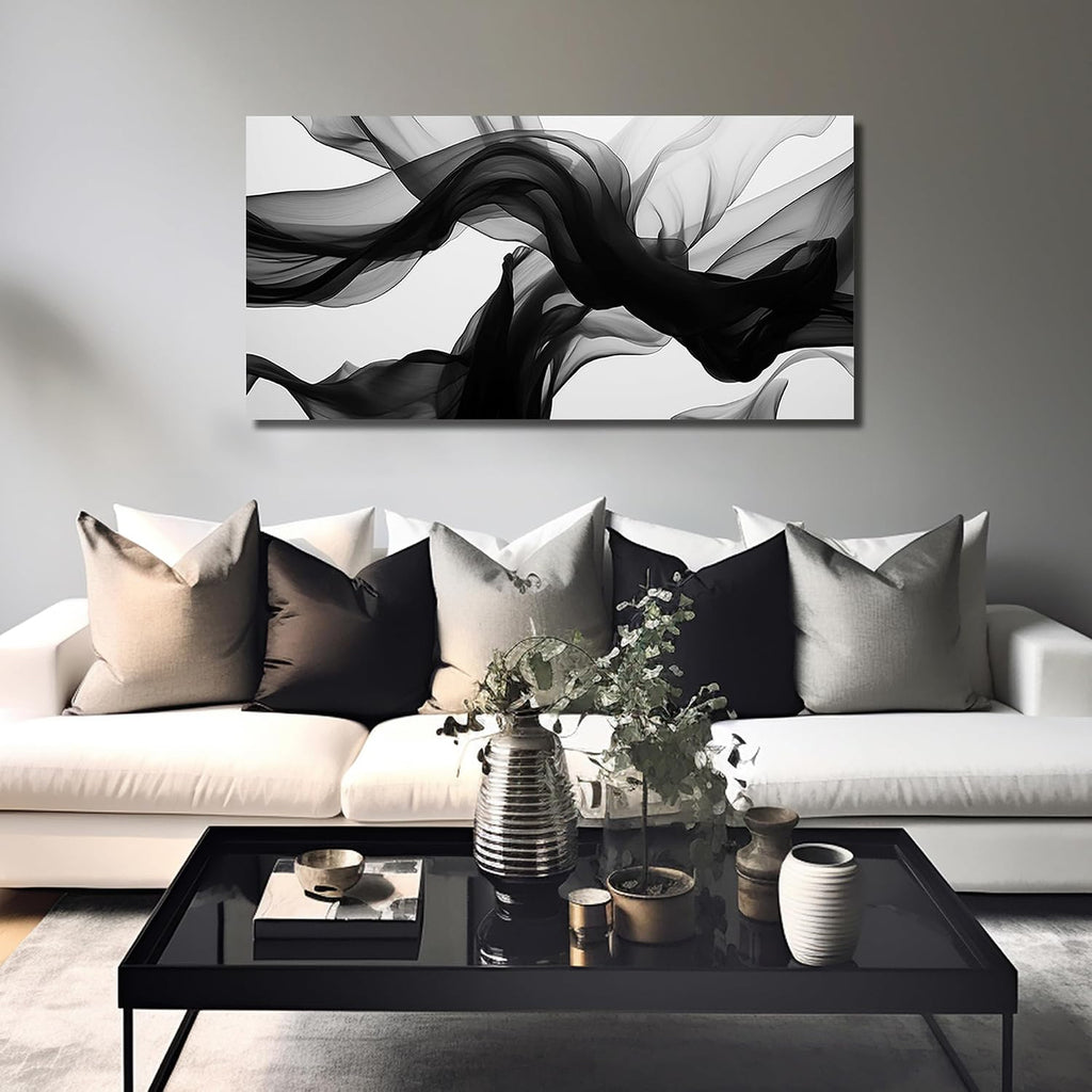 Large Abstract Wall Art, Black White and Gray Canvas Wall-Decor, Modern Minimalist Picture Prints Office, Size 59 x
