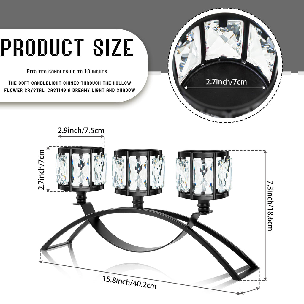 Black 3-Arm Crystal Candle Holders Arched - Elegant Tabletop Candelabra Centerpiece for Weddings, Dining Room Decor