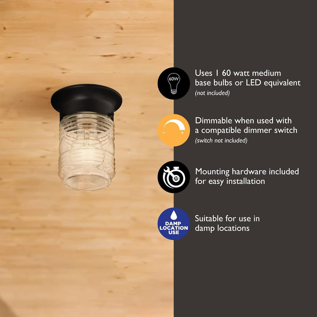 2-Pack Jelly Jar 1-Light Indoor/Outdoor Flush Mount Ceiling Light, Black