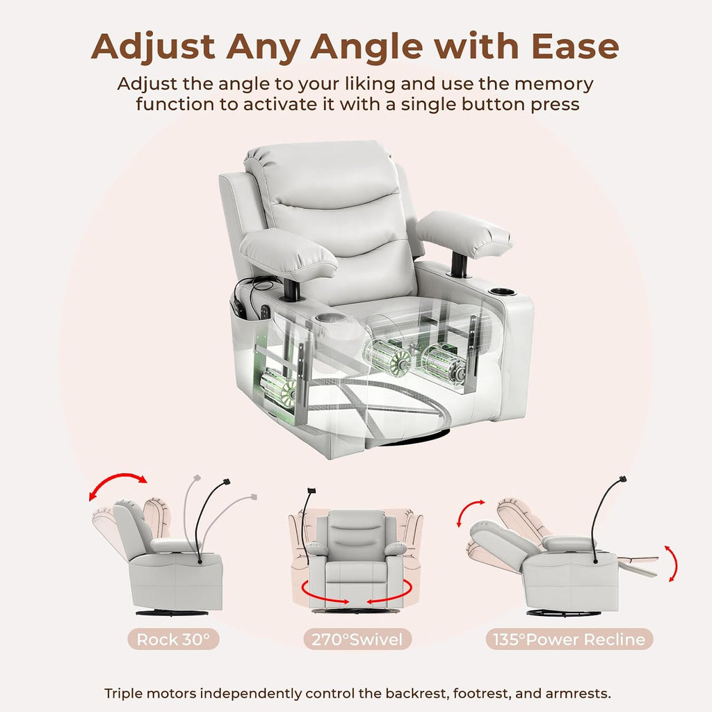 Electric Nursery Recliner Chair, Triple Motor Power Glider, 270° Swivel Rocking Chair with Adjustable Armrests
