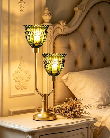 Mid Century Modern Glass Green Table Lamp 2-Light Gold Dimmable Desk Lamps with Crown Glass Shade & 