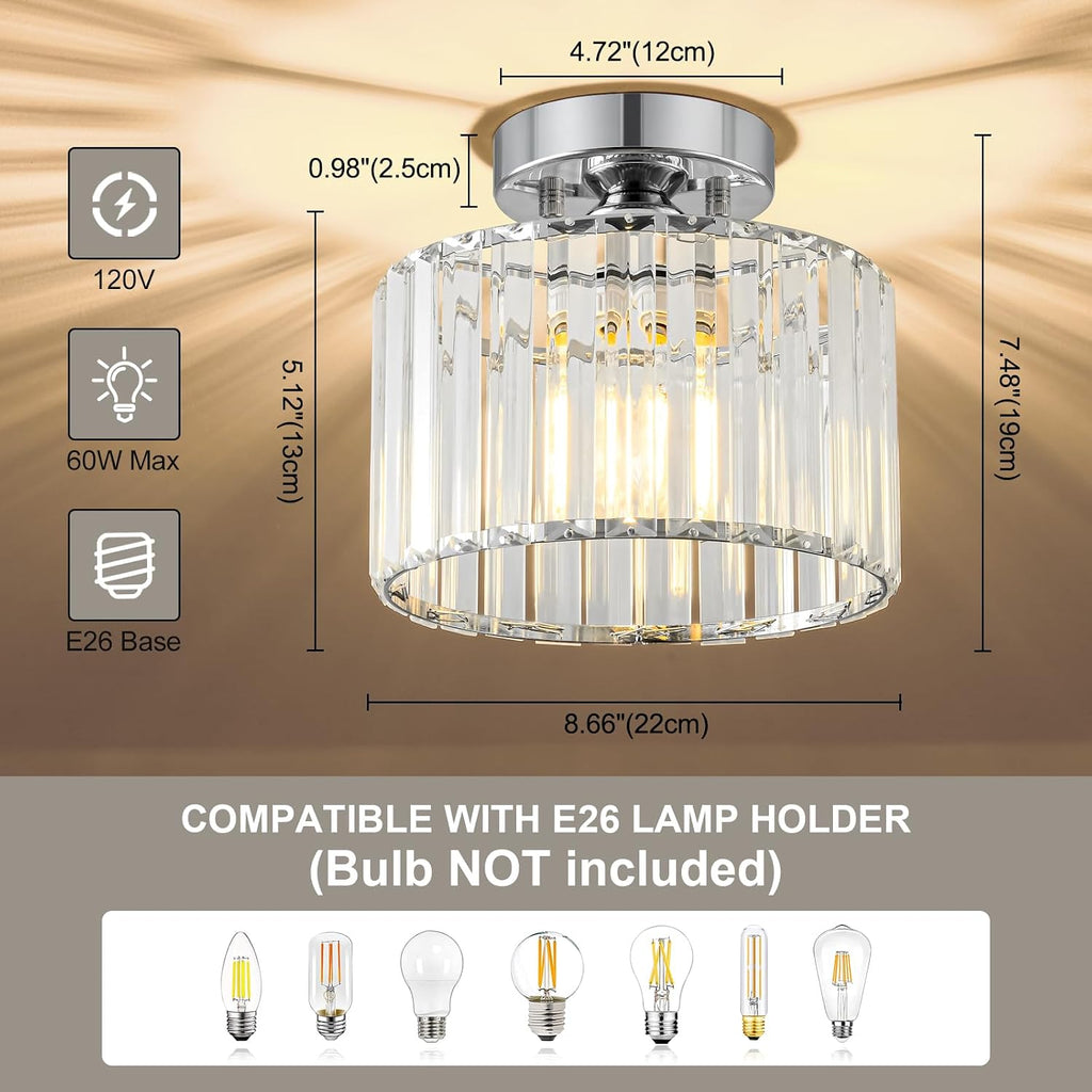 Crystal Chrome Semi Flush Ceiling Light 8.66 Inch | Modern Metal Close To Ceiling Light Fixture Bedroom Kitchen