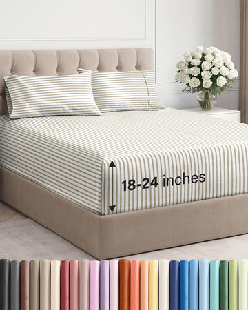 Extra Deep Queen Sheet Set - 4 Piece Breathable & Cooling - Beige Stripes