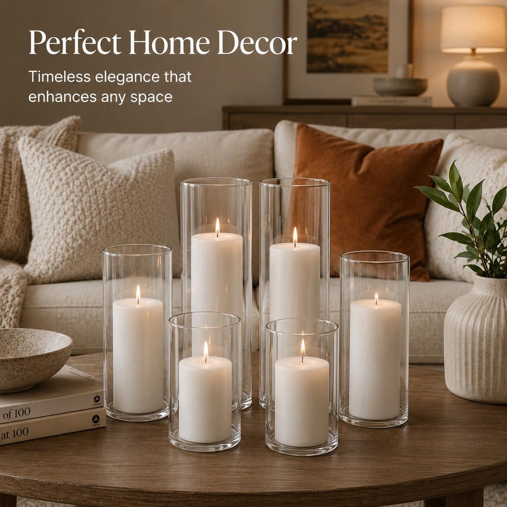Set of 6 White Pillar Candles with Clear Glass Hurricane Holders- Elegant Cylinder Candle Vases for Weddings