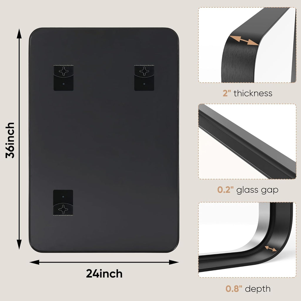 Black Metal Framed Vanity Rounded Rectangle Bathroom Mirrors for Over Sink Wall, 36x24 Inch Large Matte Mirror, Modern
