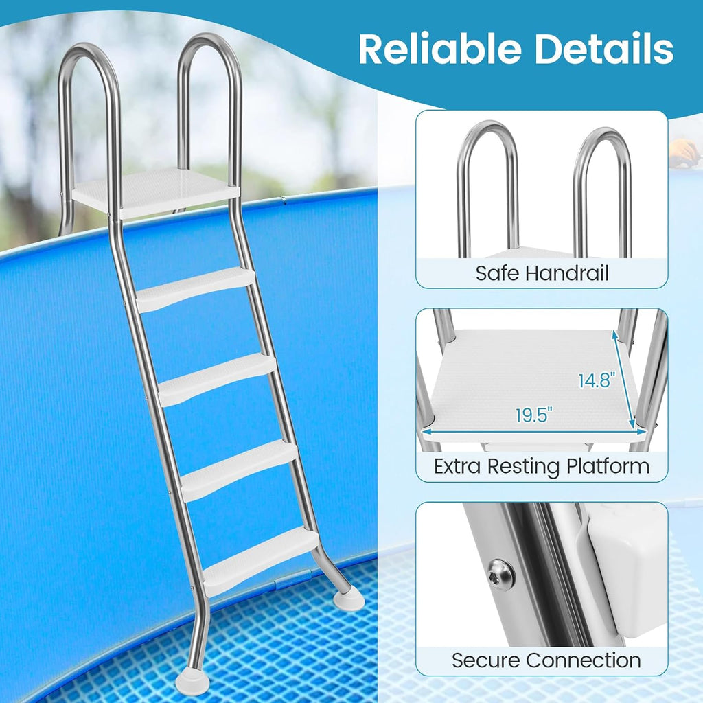 4-Step Steel Frame Above Ground Swimming Pool Ladder for 55" Pool Wall Heights, Double-Sided Entry & Exit Ladder