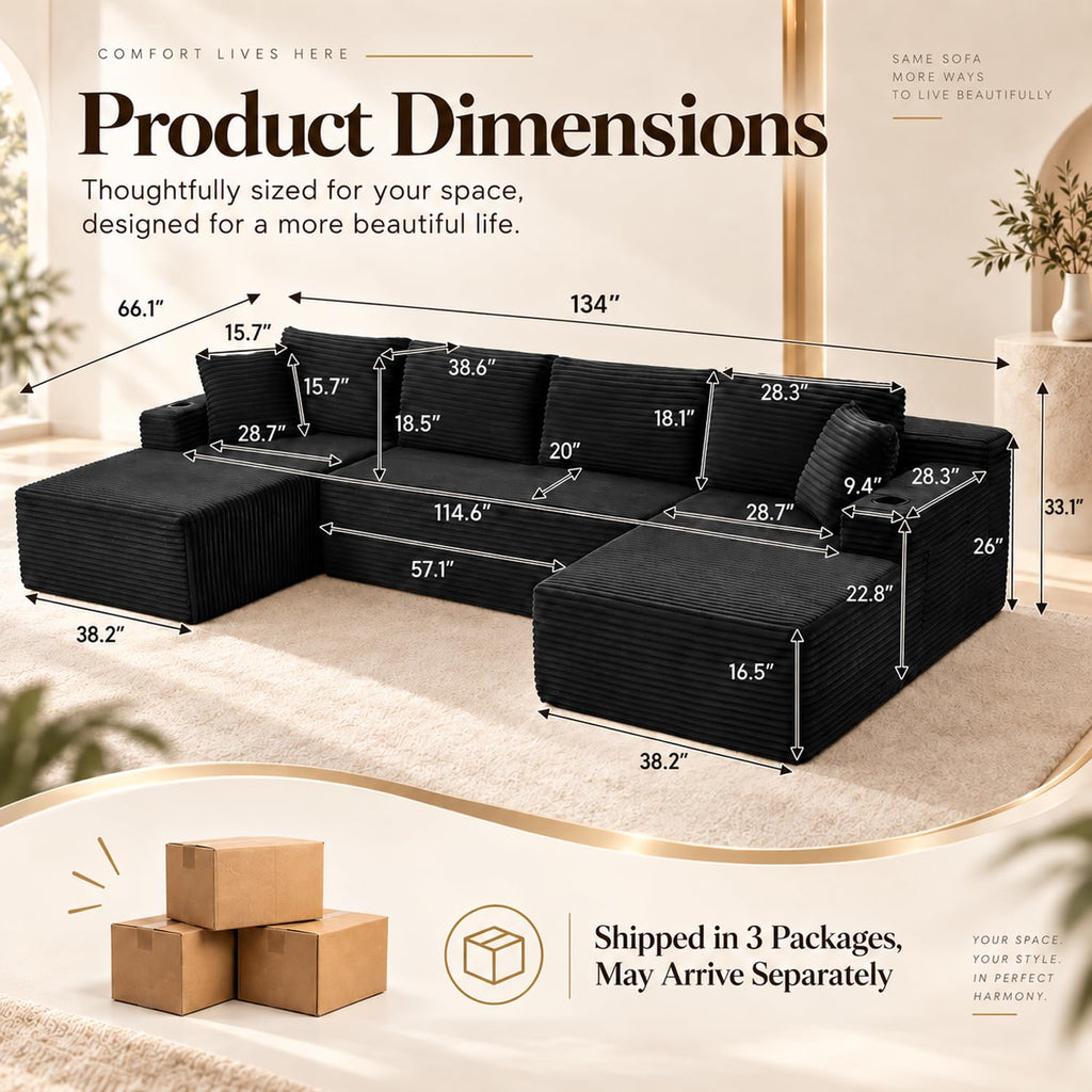 134" Boneless Couch, U-Shaped Modular Sectional Sofa, Beige