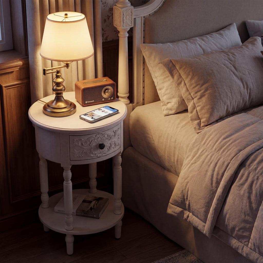 Distressed 1-Drawer Round Nightstand, Antique White