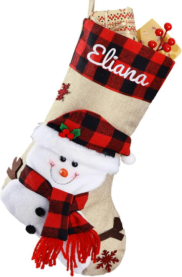 18.5'' Embroidery Christmas Stockings with Names, Burlap Plaid Stockings Xmas Decor Gifts for Family Kids Holiday