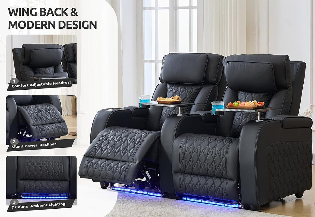 Home Theater Seating Top Grain Leather, Movie Theater Chairs Theater Recliner Sofa with Dual Power Ergonomic Design 7