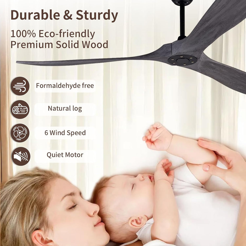 Inspired Maverick Style 72" Ceiling Fans Without Lights, 72 Inch Outdoor Ceiling Fans no Light, 3 Blade Solid Wood Waterproof Ceiling Fan with Remote Control for Living room Outdoor Farmhouse/Patios - Brushed Gray Blades