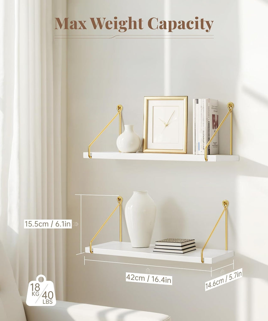 Floating Shelves for Wall, White and Gold Shelf, Display Wall Shelves | Hanging Bookshelf with Bracket, Solid Wood
