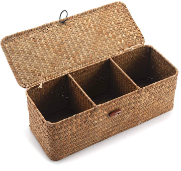 Seagrass Storage Basket with Lid for Tampon and Pad 3 Sections Rectangular