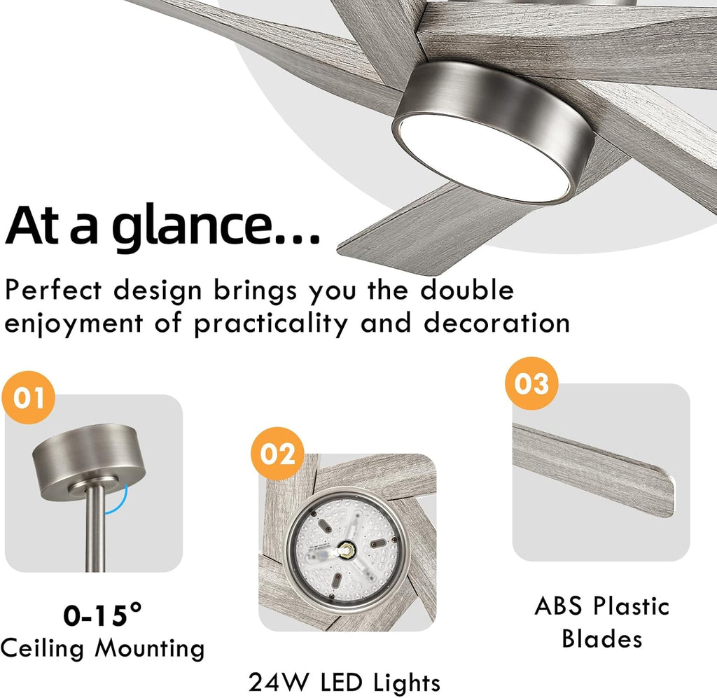 64" ABS DC Ceiling Fan with Lights, 5 Blade ABS Wood Grain Ceiling Fan with Remote, 6-Speed Reversible DC Motor