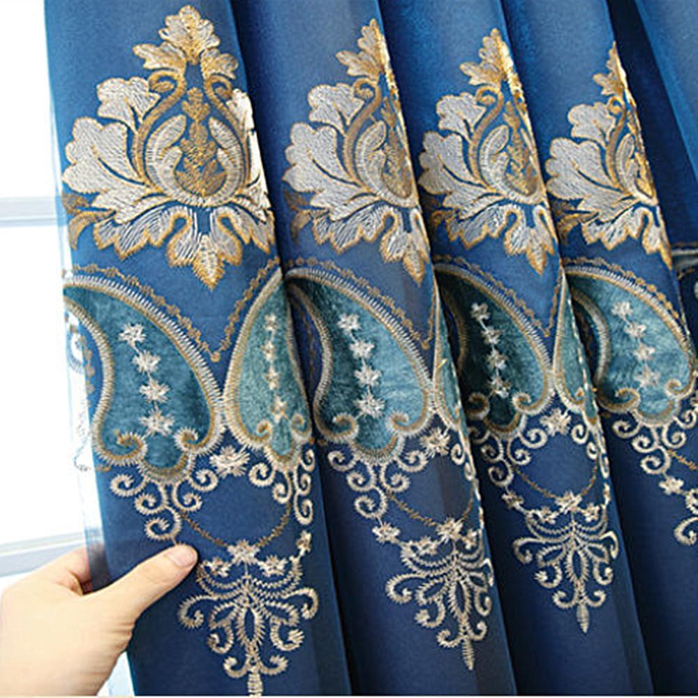 1 Pair European Double Layer Curtains with Valances for Living Room Bedroom Luxury Embroidered Curtains (Blue