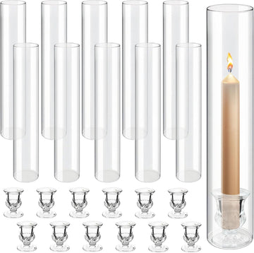 12 Sets Glass Hurricane Candle Holders - 12.6" Glass Candlestick Holders with Clear Tall Cylinder Candle Sleeves for