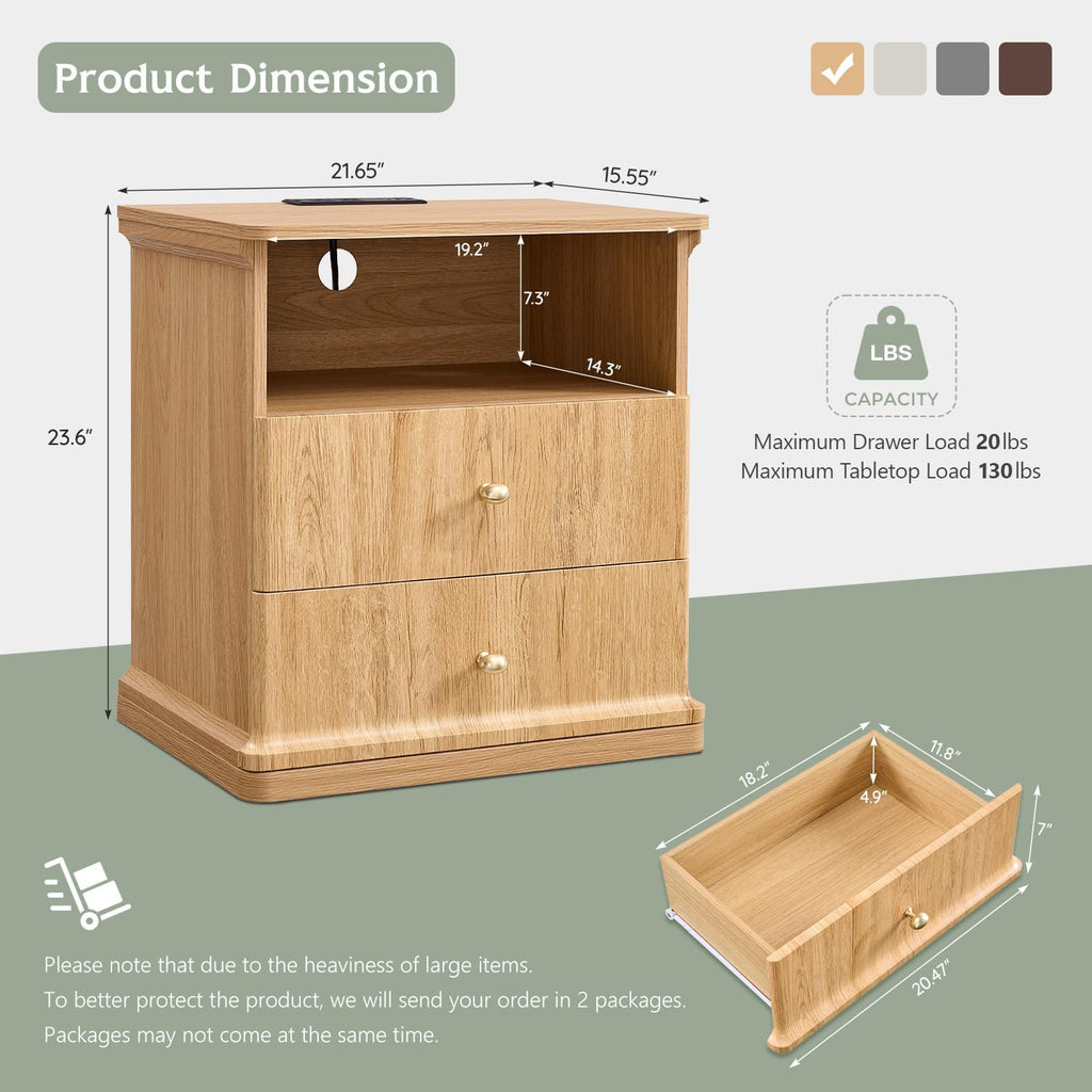 23.6" Tall Modern Nightstand Set of 2, Wood Bedside Table with Charging Station, Mid Century Night Stand w/2 Storage