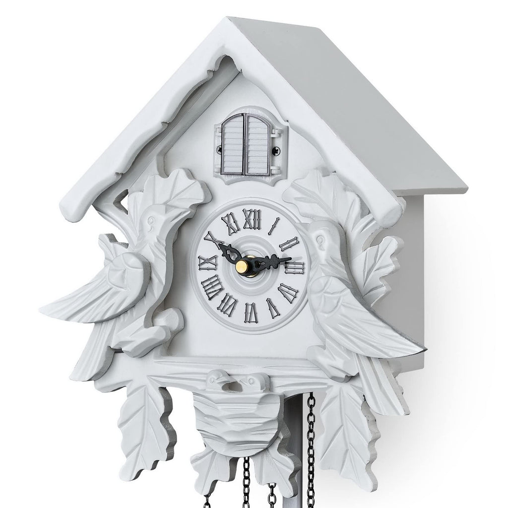 Cuckoo Clock with Night Mode, Wooden Decorations and Swinging Pendulum (White)