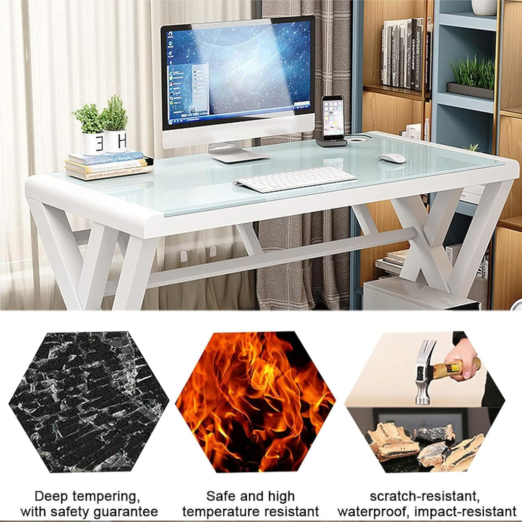 Computer Desk & Gaming Desk, Home Office Desks 55.1 Inch- Modern Simple Writing Study White Glass Computer Desk