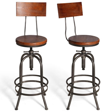 Set of 2 Industrial Bar Stools with Backrest 26-32inch Counter Height Adjustable Rustic Kitchen Island Stool Vintage