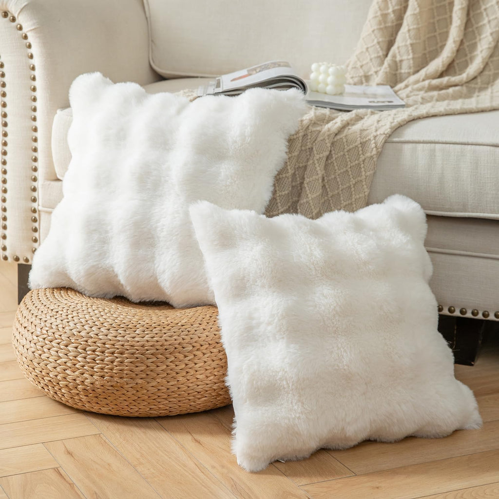Pack of 2 Cream White Thick Soft Wool Decorative Throw Pillow Covers 18x18 Inch Faux Fur Plush Fluffy Cushion Covers