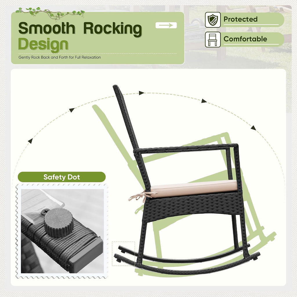 Rocking Chair Outdoor High Back Patio Chairs with Table,Beige | PE Rattan Porch Rocker Patio Conversation Sets for
