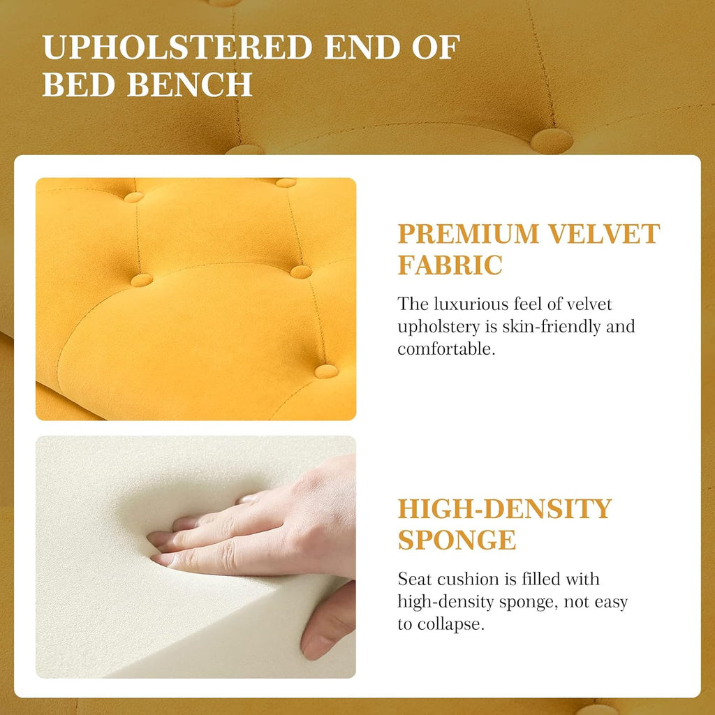 Modern Velvet Storage Ottoman Bench with Gold Base & Nailhead Trim, Upholstered Bedroom Bench for End of Bed