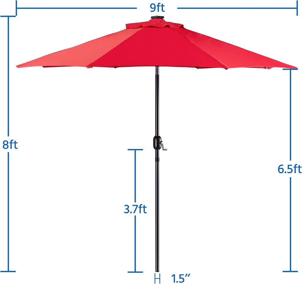 9FT Solar Powered Patio Umbrella - UV Protection Market Table Umbrella w/ 32 LED Lights & Push Button Tilt & Crank Lift