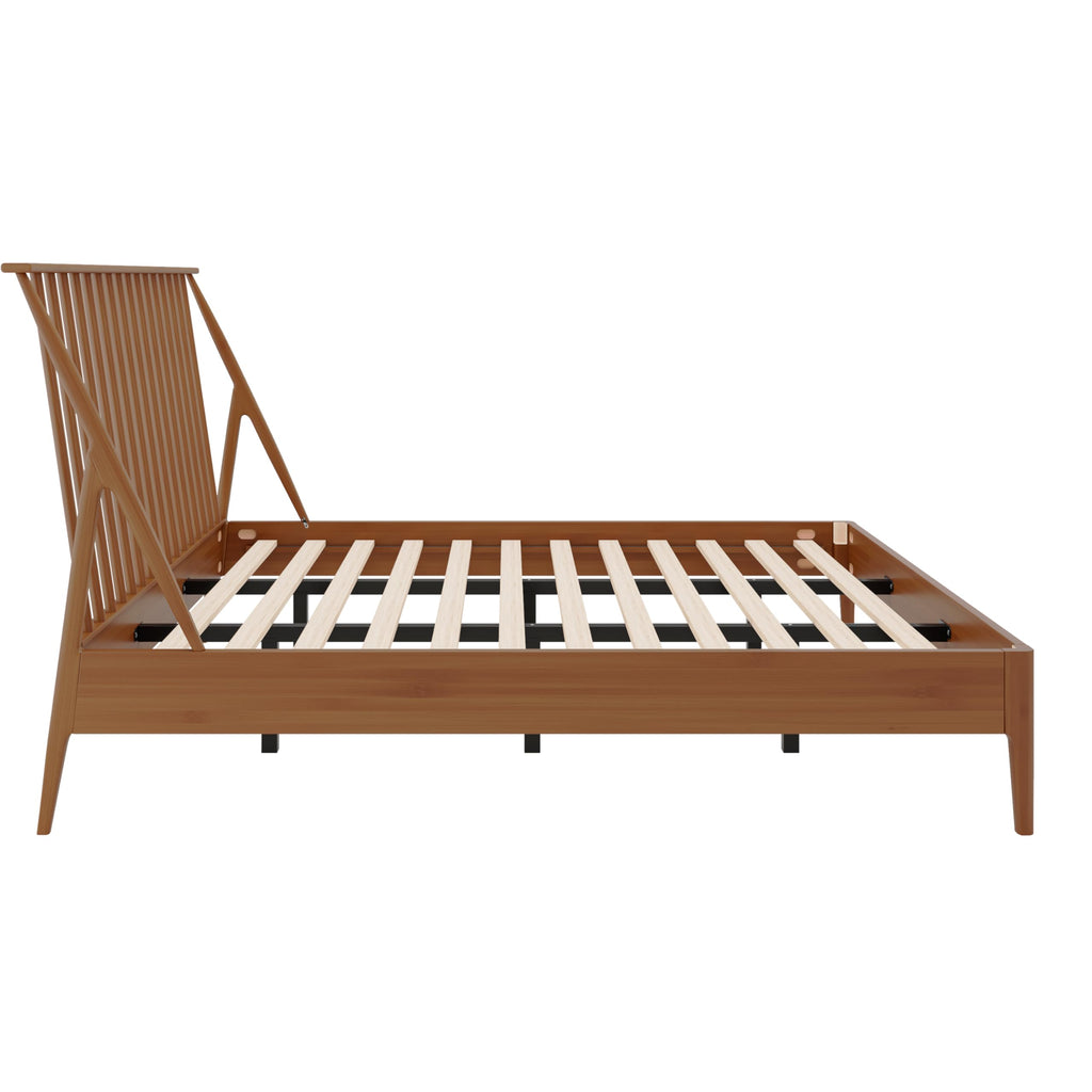 King Size Solid Bamboo Wood Spindle Platform Bed with 46.5" Tall Headboard, Bohemian Bed Frame with Wooden Slats and