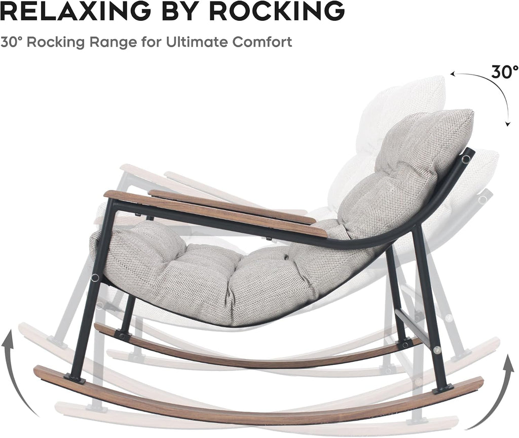Outdoor Papasan Rocking Chair, All-Weather Rocking Chair with Thickened Cushion, Comfy Patio Reading Lounge for
