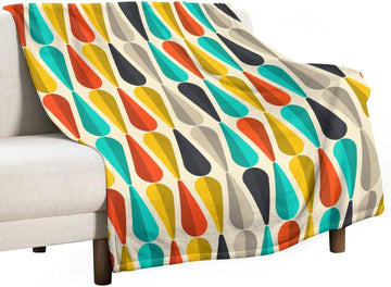 Mid Century Throw Blanket, Modern Drop Shape Retro Colors Boho Orange Teal Black Geometric Pattern Throws Blankets