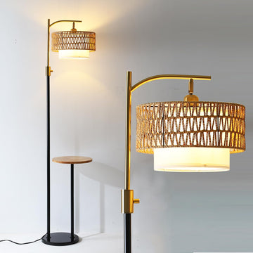 Dimmable Floor Lamp with Table and Marble Base, Arc Floor Lamp with Dimmable Bulb, Boho Farmhouse Standing lamp with