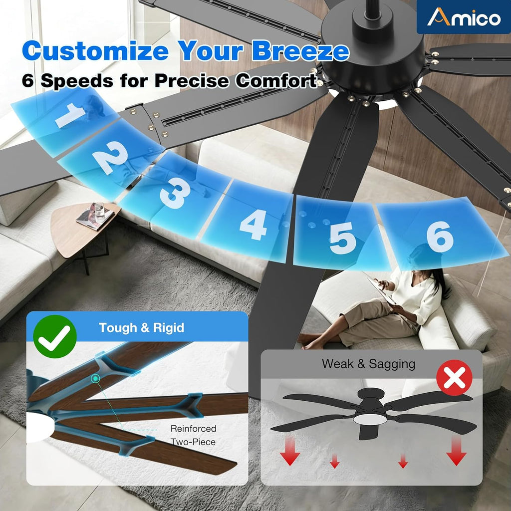 72 Inch Ceiling Fans with Lights and Remote, Indoor Outdoor Ceiling Fan , Quiet 6-Speed Reversible DC Motor