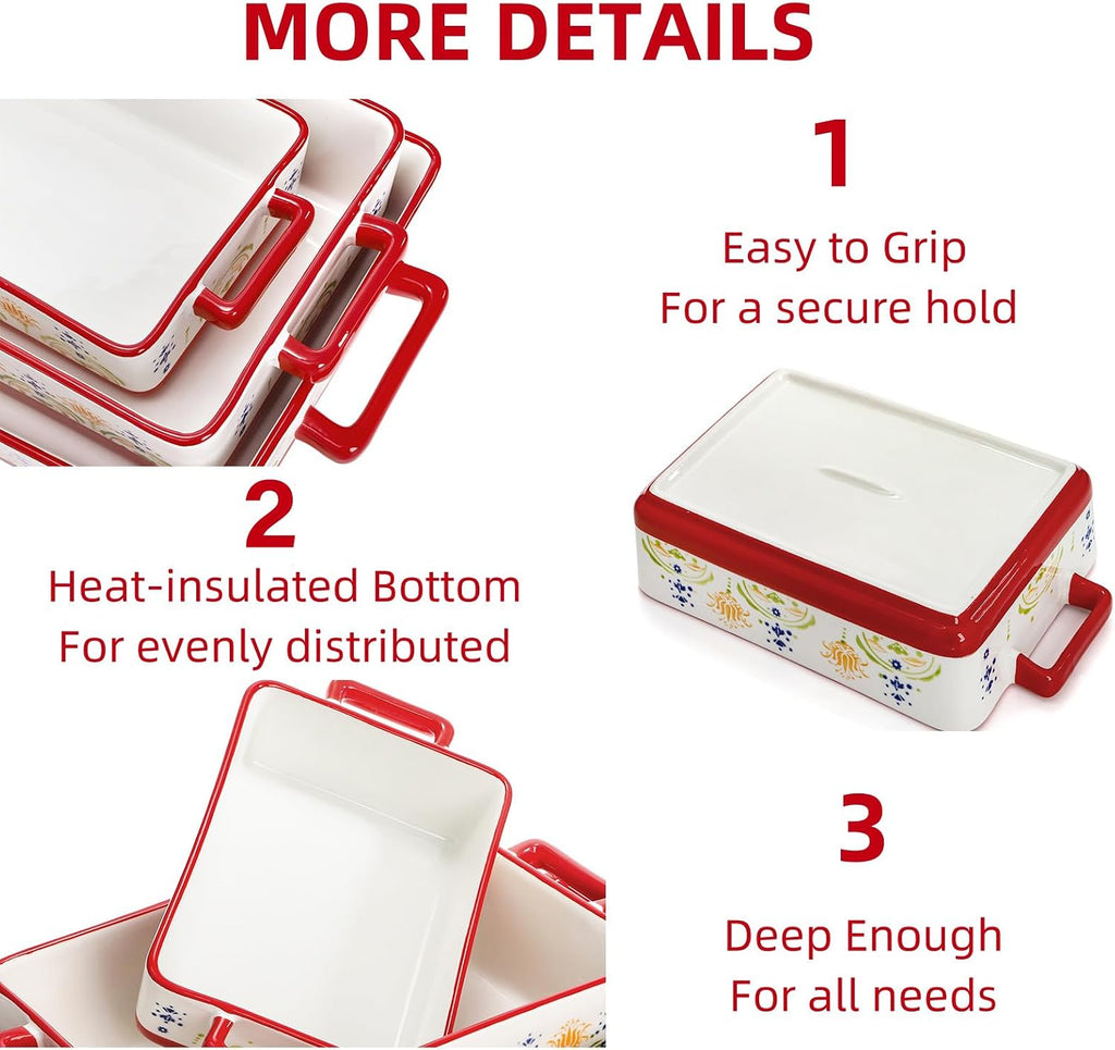 Set of 3 Ceramic Dishes, Rectangular Casserole Dish for Oven, Ceramic Bakeware Lasagna Pan Deep with Handles for