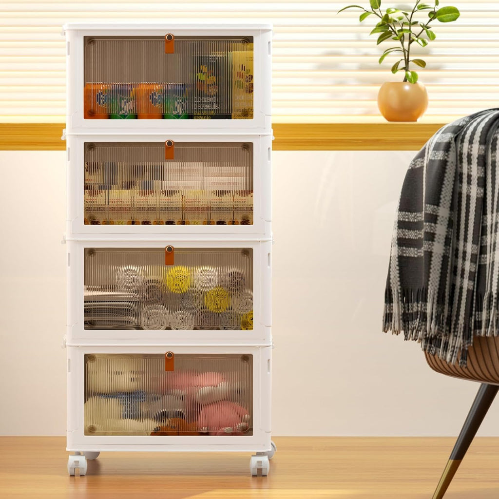 4 Tier Plastic Storage Bins with Lid 23QT, Stackable Storage Bins | Plastic Storage Bins with Wheels, Folding Storage