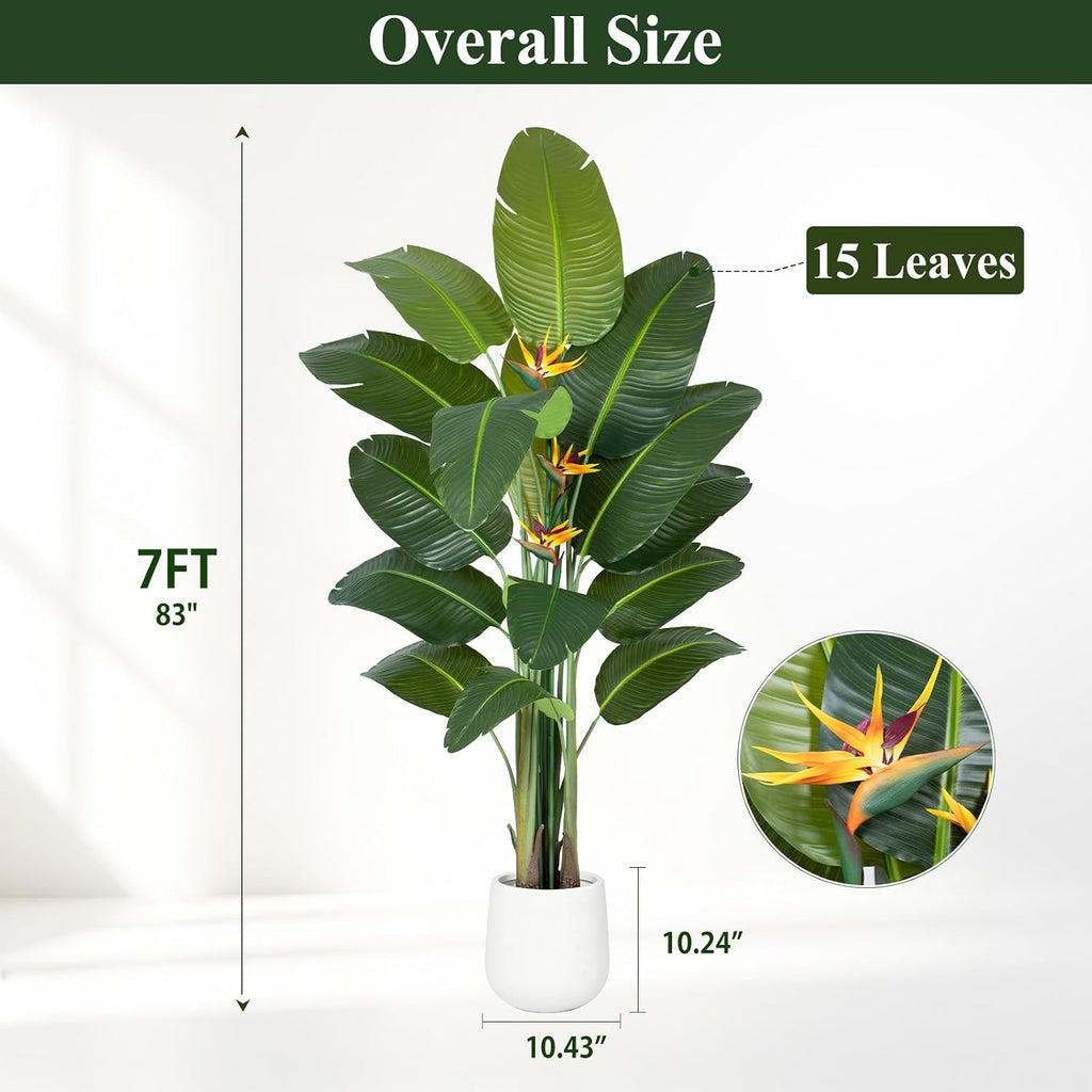 Bird of Paradise Artificial Plant in White Pot, 7ft Tall Faux Banana Leaf Tree with 3 Tropical Bird Flowers & 15