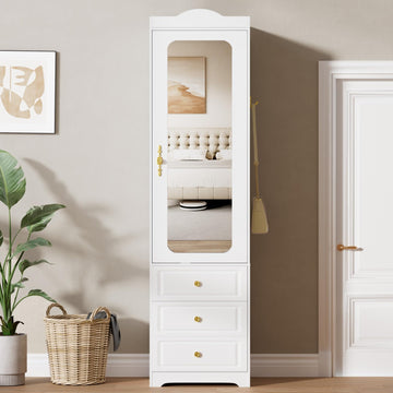 Armoire Wardrobe Closet, Updated 15.7" W White Bedroom Armoires Cabinet with Mirror Door and 3 Drawers, 69.5" H