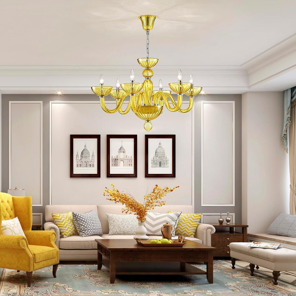 6 Light Crystal Chandelier, Modern Dining Room Light Fixture, Yellowish Green Crystal Pendant Light for Bedroom Livingroom, S Glass Tube, D30xW30xH20, E12 Socket