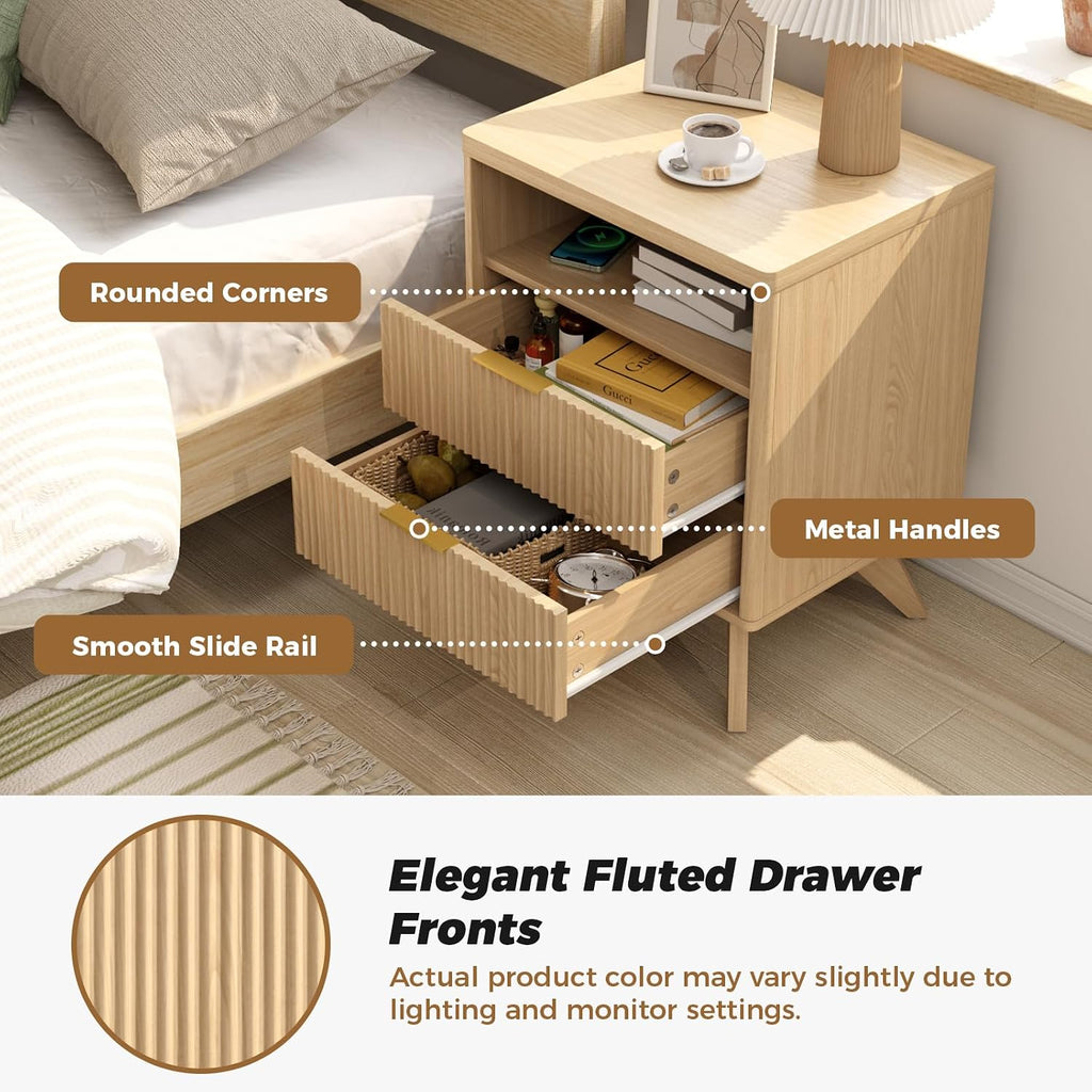 Fluted Nightstands Set of 2 with 2 Drawers, Natural Oak Bedside Table with Open Shelf, Modern End Table Set, Wood