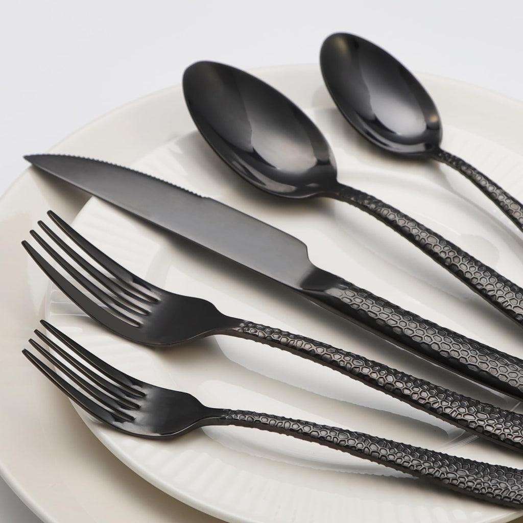 Black Hammered Silverware Set, 20 Piece Stainless Steel Flatware Set for 4, Food-Grade Tableware Cutlery Set