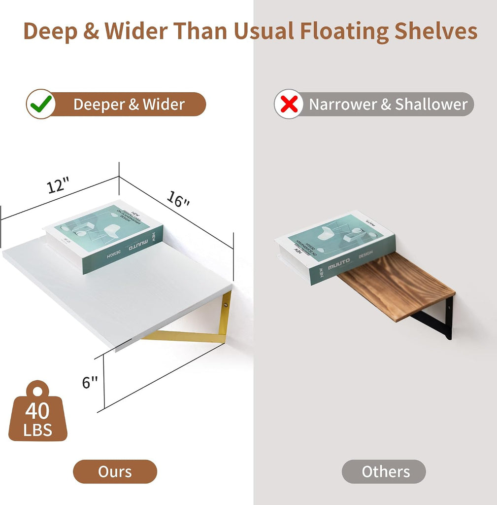 Deep Floating Shelves for Wall, 12 Inch Deep White and Gold Shelves Set of 2, 16W x 12D White Wood Wall Shelves with