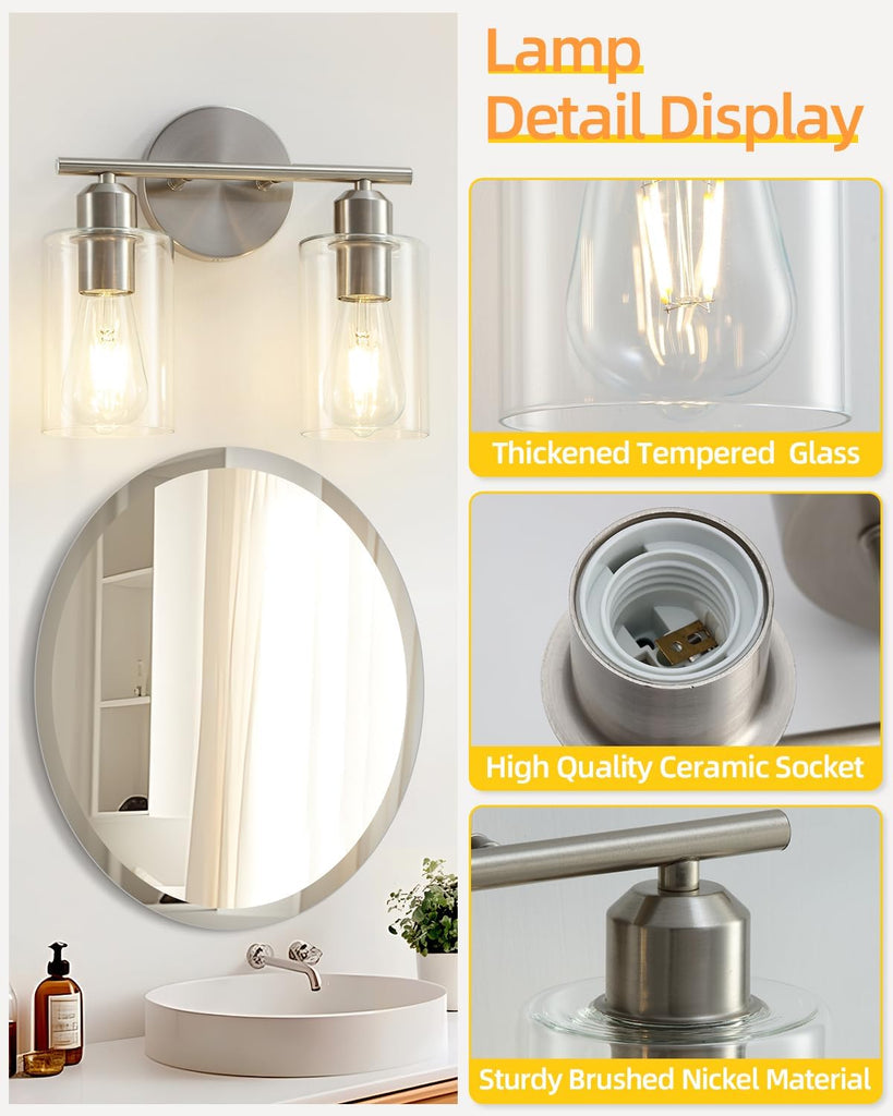 Bathroom Light Fixtures, 2-Light Brushed Nickel Vanity Lights, Modern Bathroom Lighting Fixtures Over Mirror with