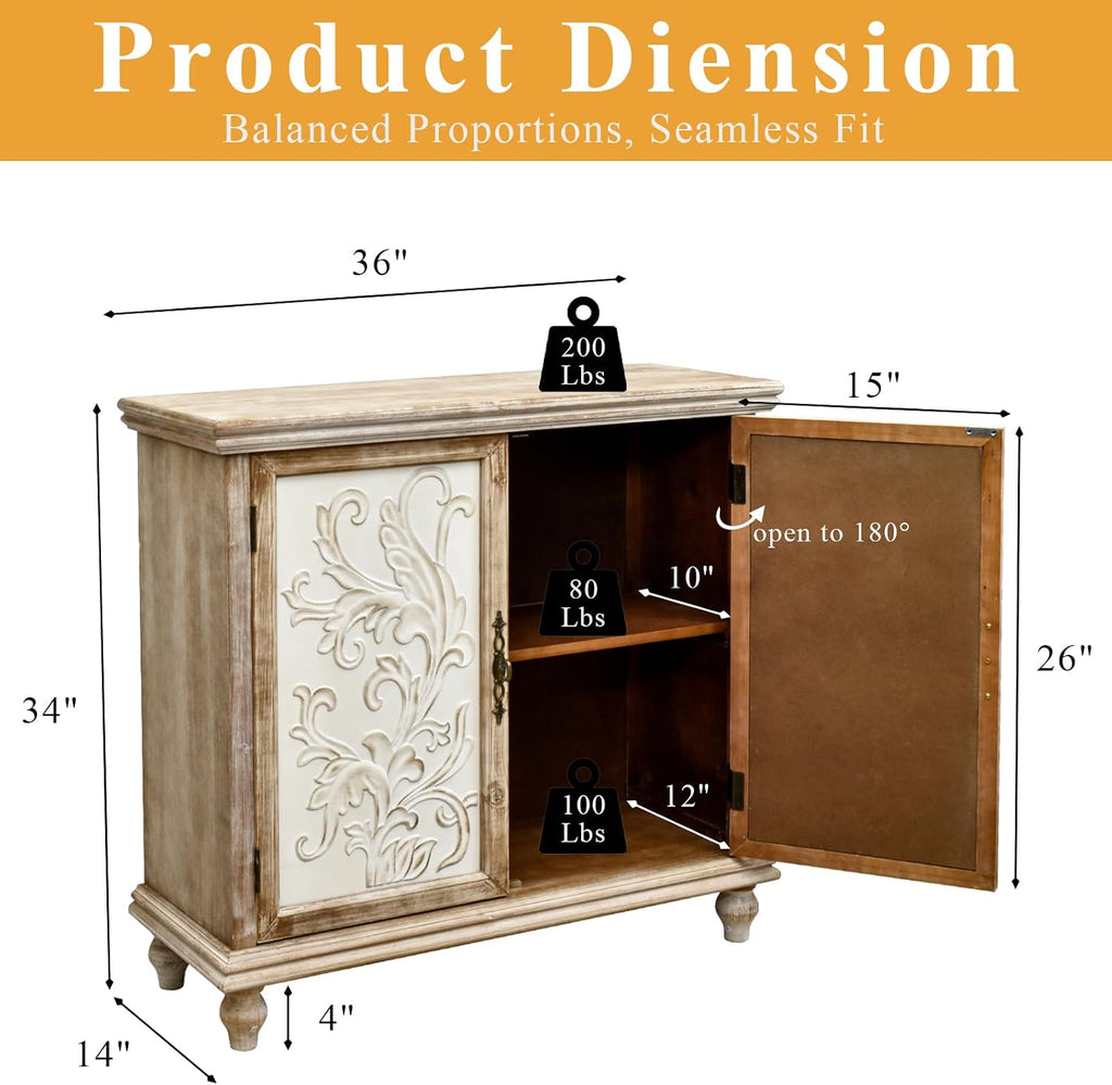 Storage Cabinet, Vintage Distressed Sideboard, Accent Cabinet with 2 Floral-Carved Doors, Buffet Cabinet with
