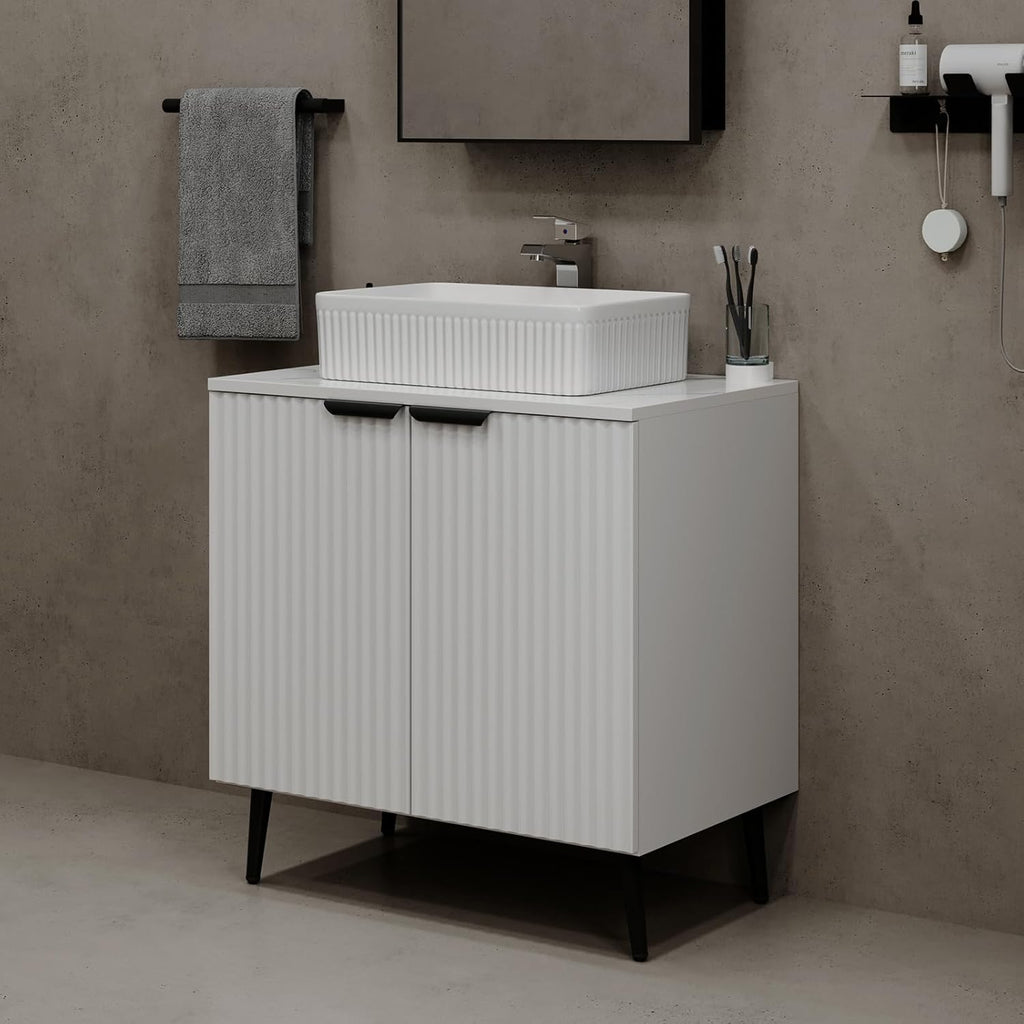 30" Bathroom Vanity, White Fluted Bathroom Vanity with Ceramic Sink and Countertop