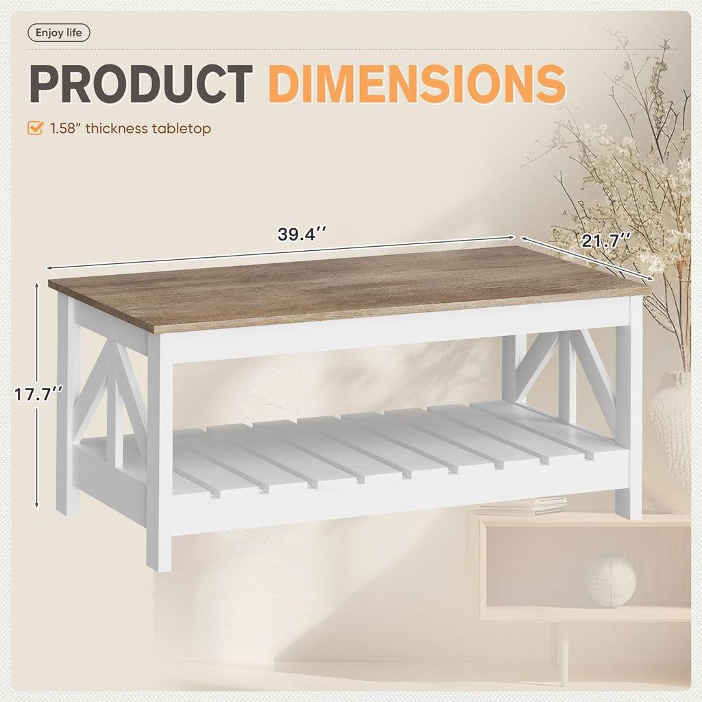 Farmhouse Coffee Table with Storage, Gray & White