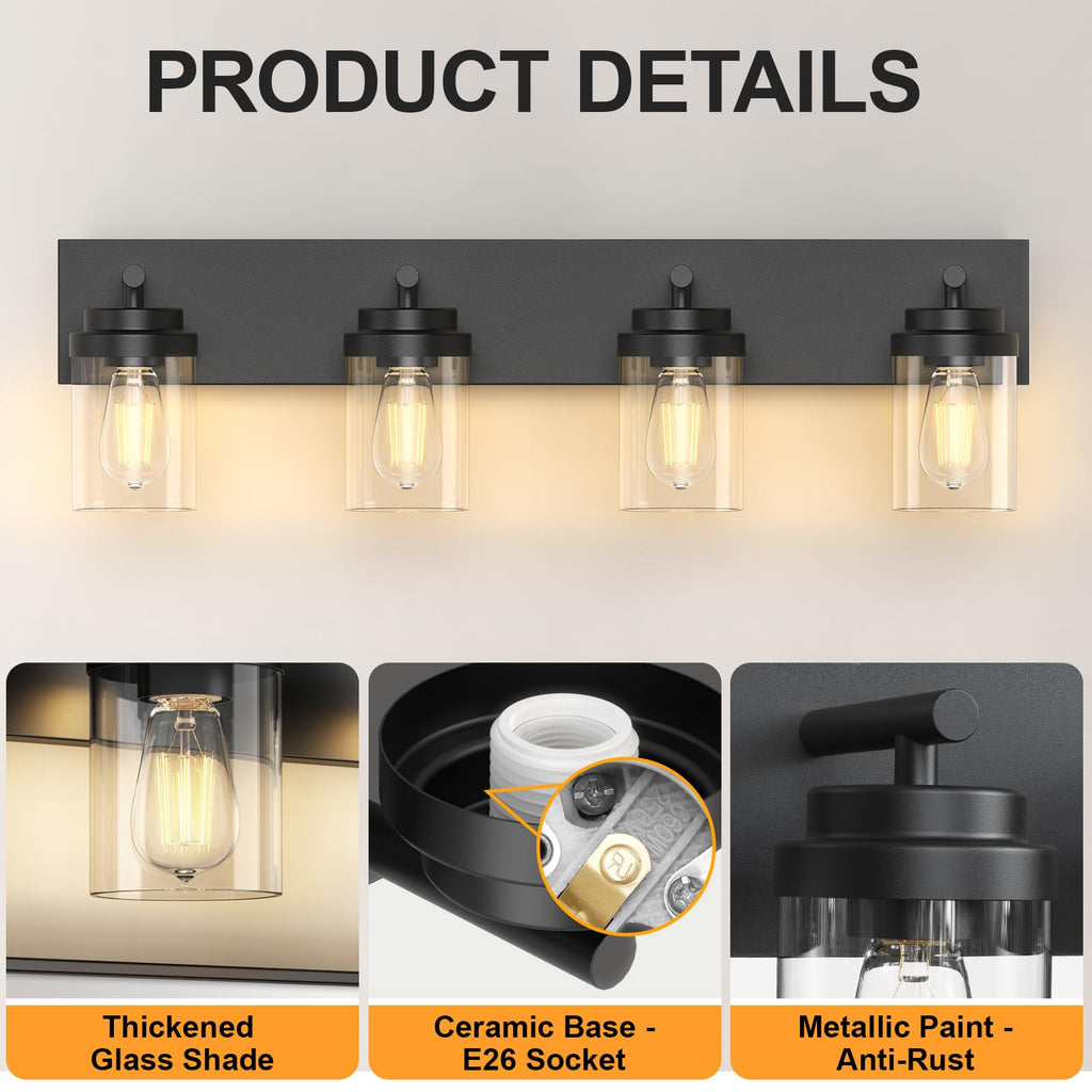 Bathroom Vanity Light Fixture, 4-Light 30 Inch Matte Black Bathroom Light Fixtures Over Mirror, with Clear Glass