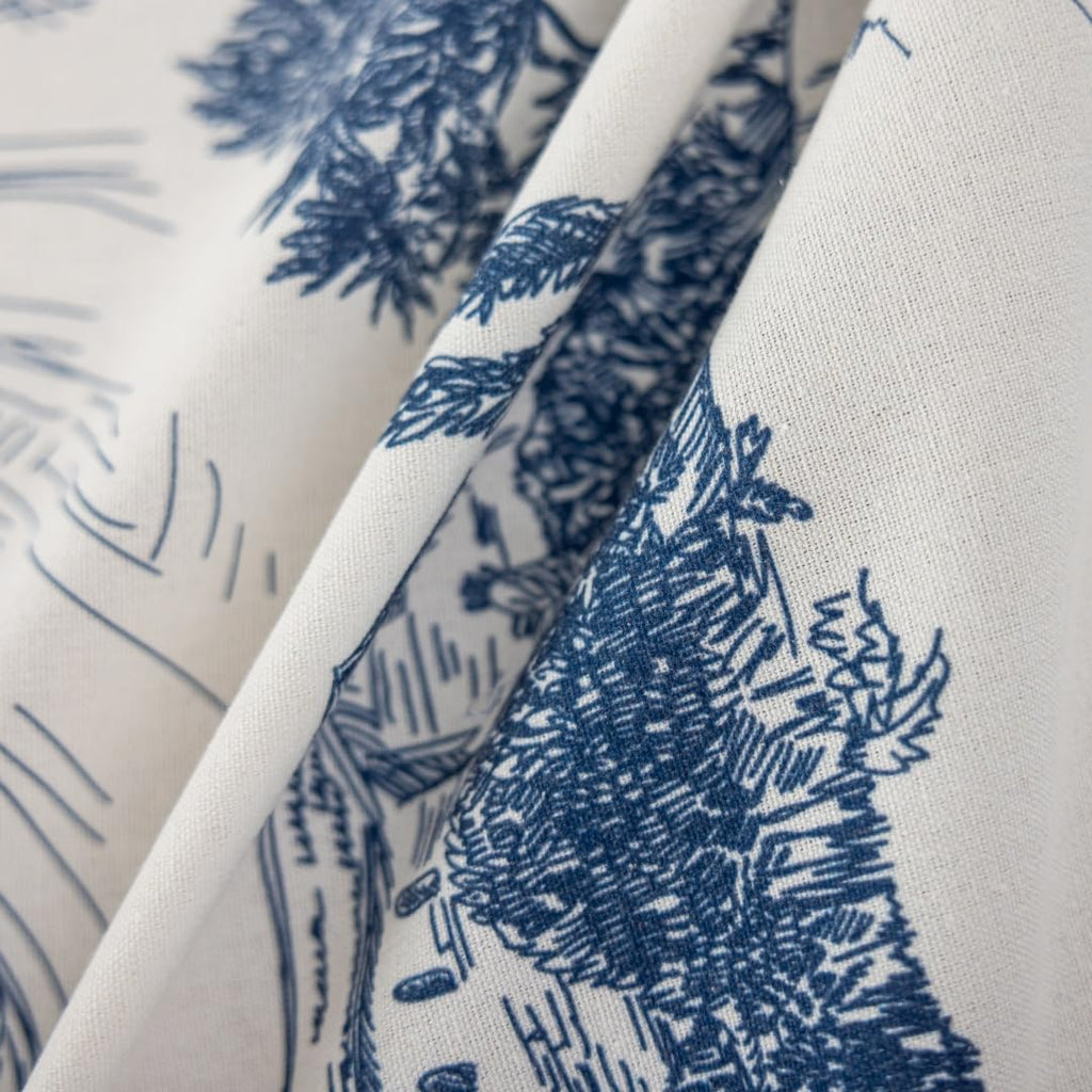 Retro Blue White Toile De Jouy Printed Rectangular Tablecloth, Premium Cotton Linen Table Cover with Complete Edge