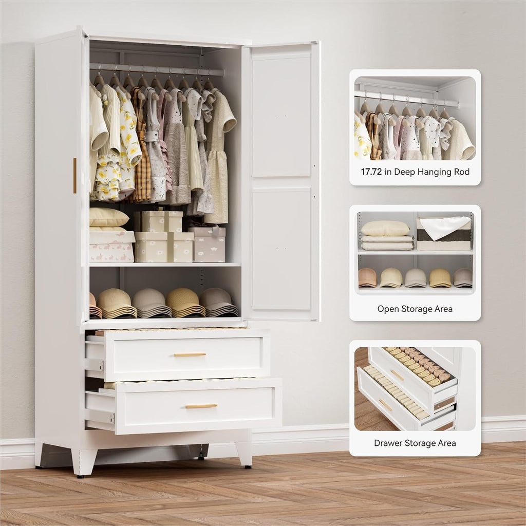 Metal Armoire Wardrobe Closet with Drawers, 71'' Tall Farmhouse Bedroom Armoires with Doors, Freestanding Steel