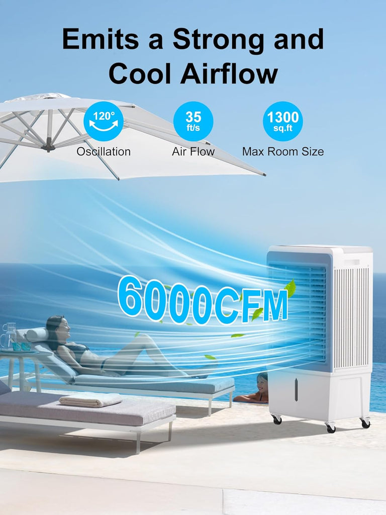 6000 CFM Swamp Cooler Air Conditioner, Outdoor Evaporative Air Cooler with 13.5 Gal Water Tank, Remote